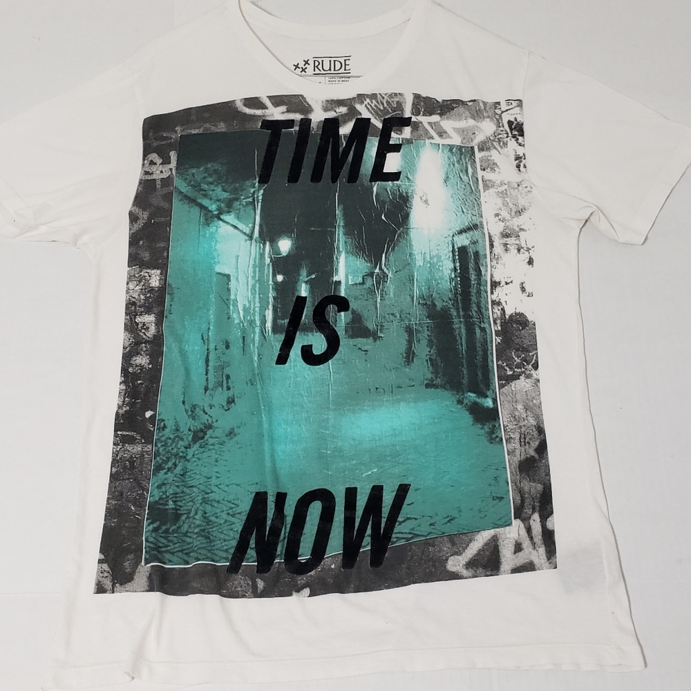 Rude Time Is Now Graphic T-Shirt Men's Medium White Black & Teal Green